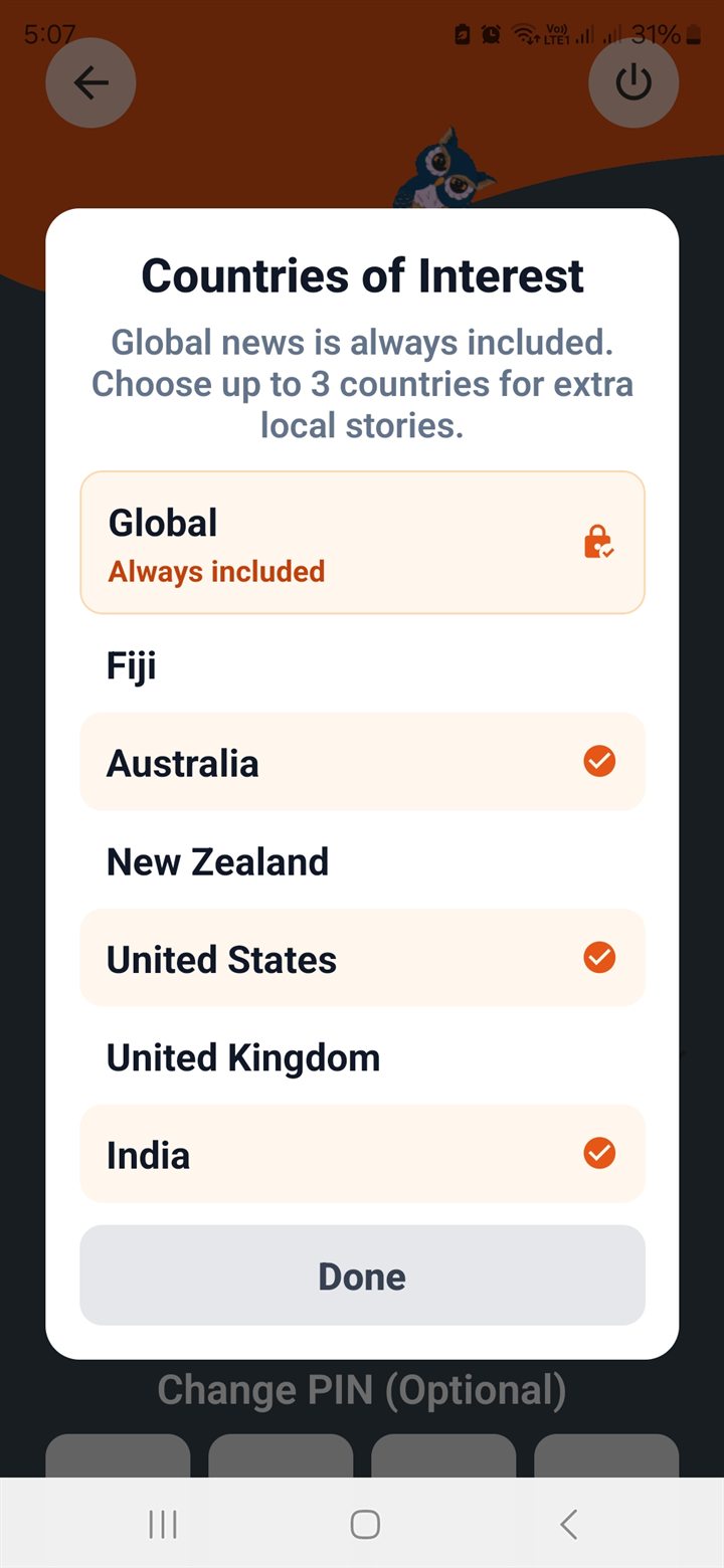 Daily Hoots Countries of Interest selection screen
