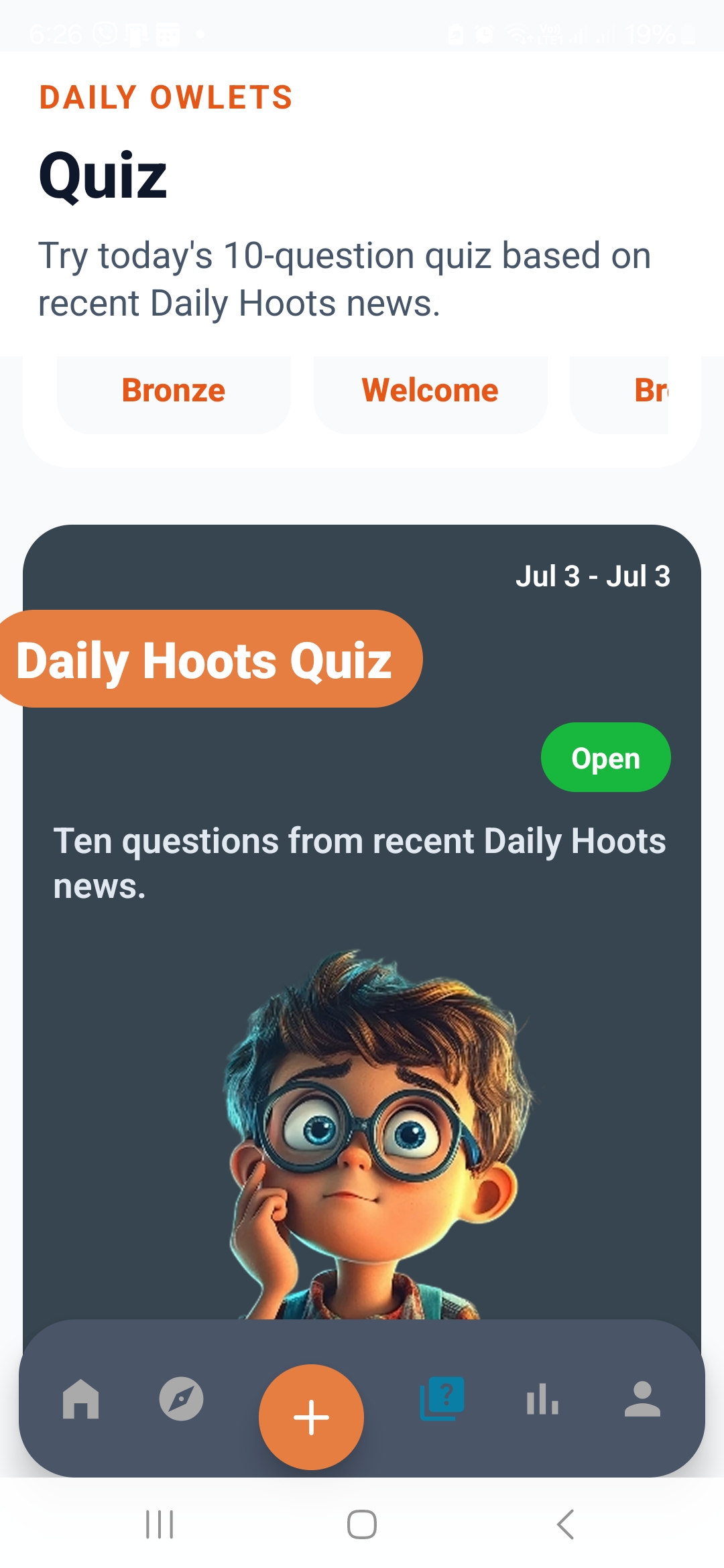 Daily Hoots quiz card screen
