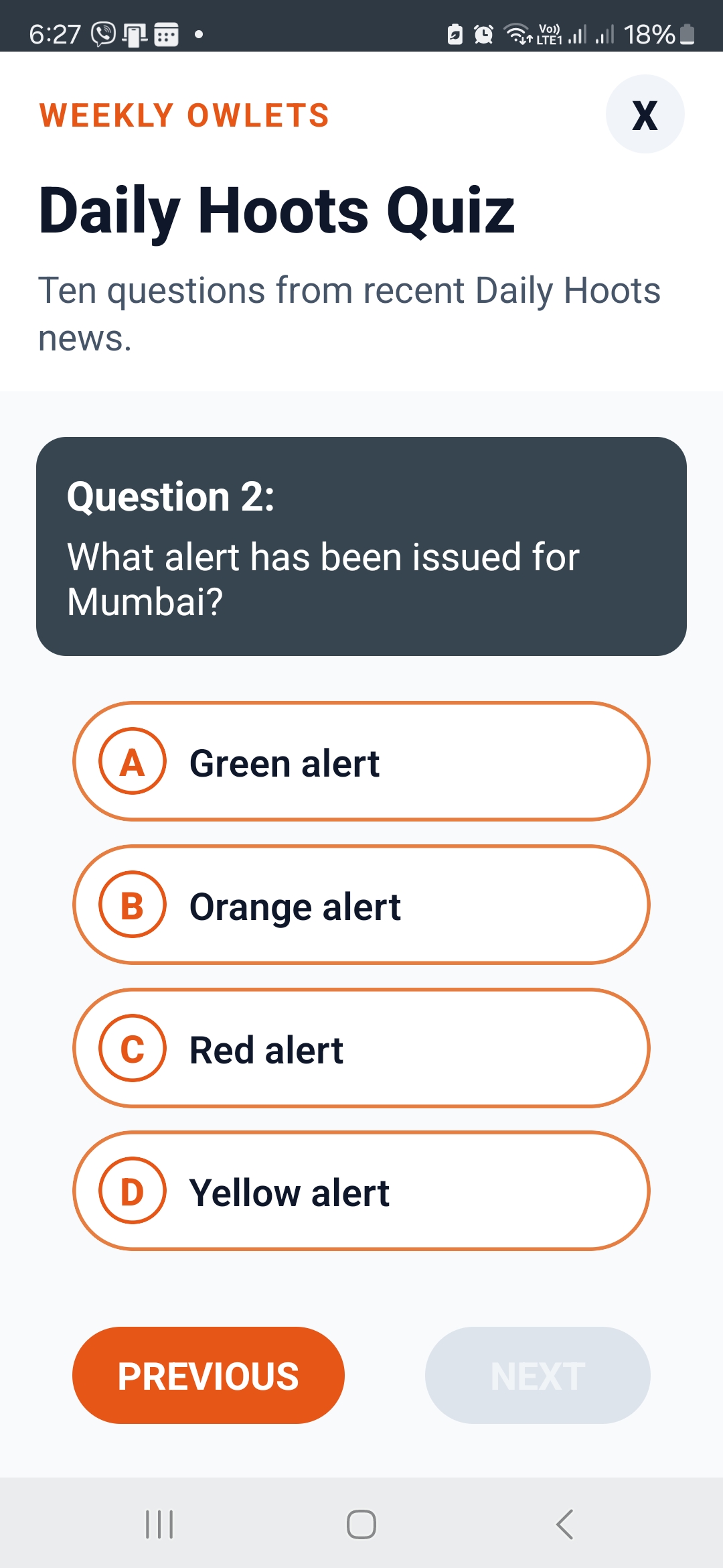 Daily Hoots quiz question screen