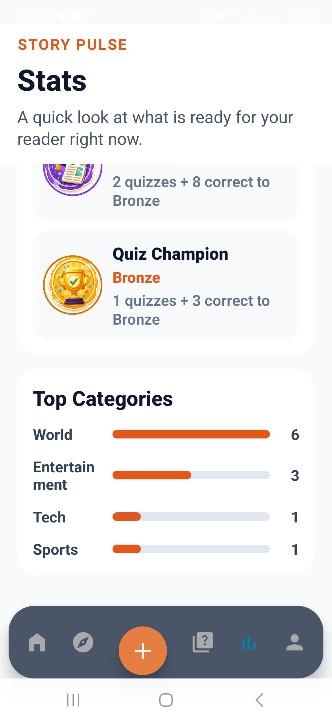 Daily Hoots stats and badge progress screen