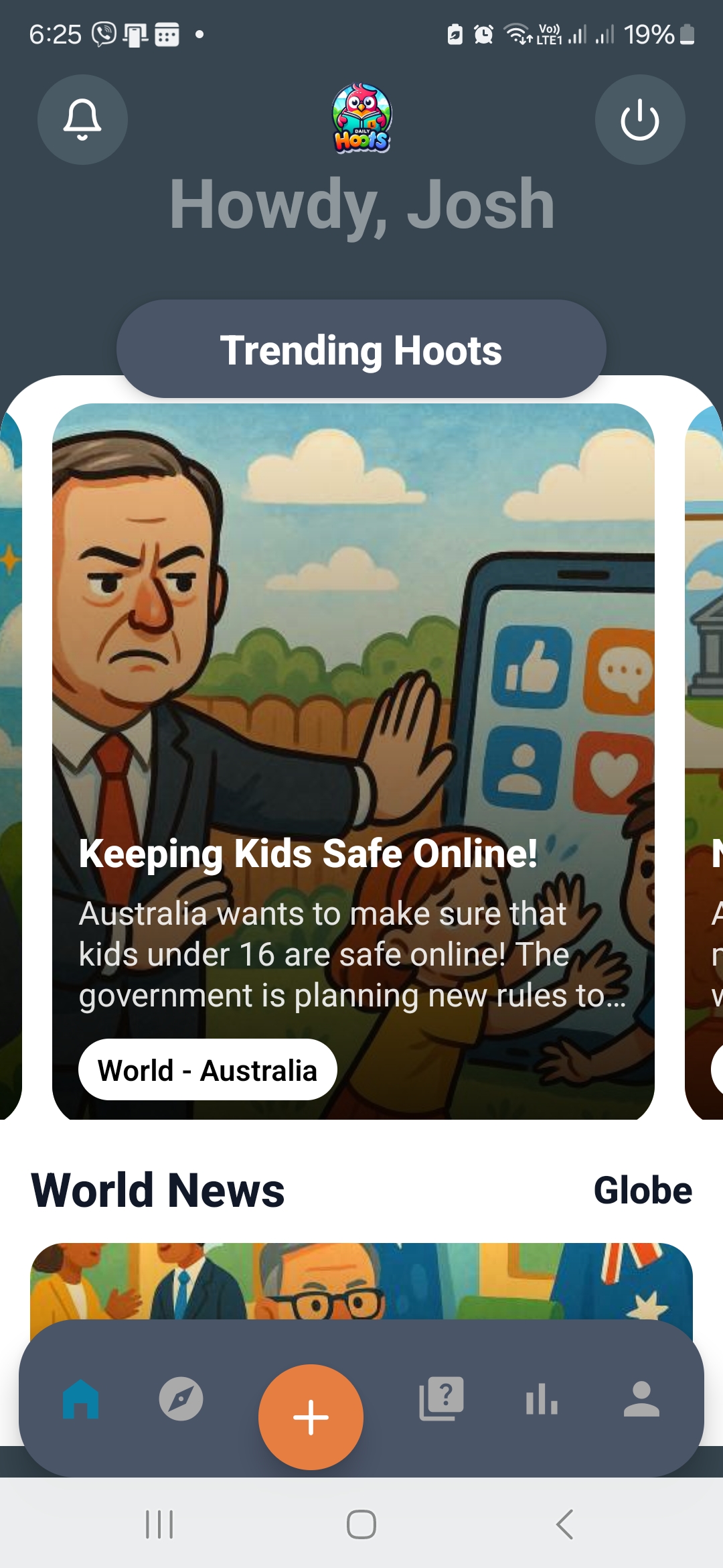 Daily Hoots home screen showing trending news